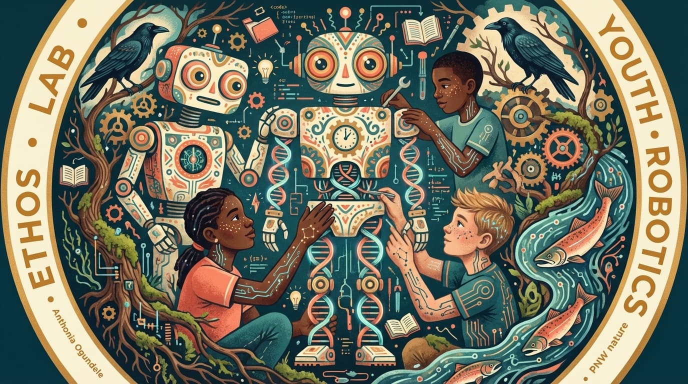 Illustrated Ethọ́s Lab badge with youth, robotics, nature, and circuit motifs.